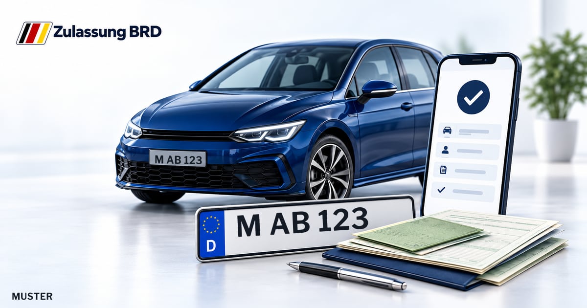 Online Fahrzeugzulassung in Kirchheim b.München: Musterkennzeichen M AB 123, Auto und Fahrzeugpapiere und Smartphone. Illustration mit Logo von Zulassung BRD.
